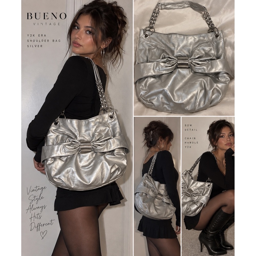 Bueno Y2K Metallic Silver Oversized Bow Hobo Shoulder Bag Chain Handle McBling